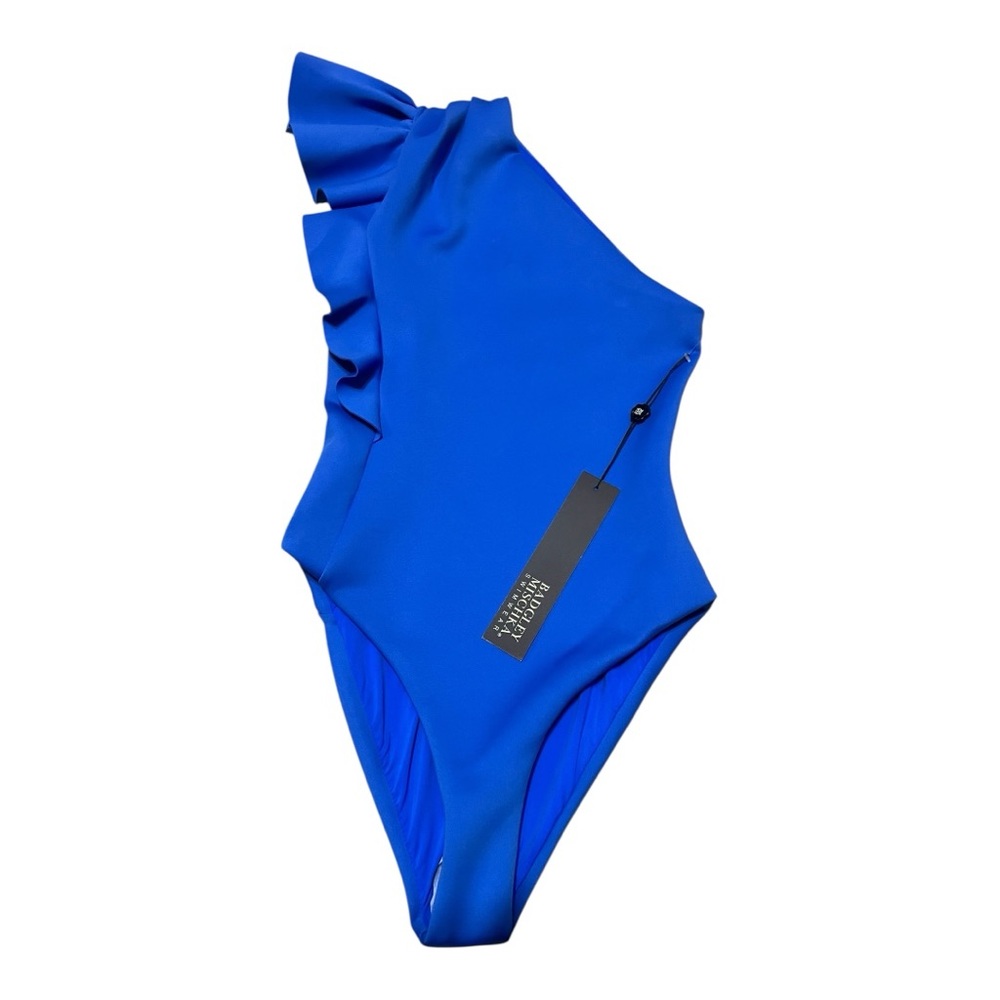 Badgley Mischka Grecian Blue Ruffle Accent One Shoulder Swimsuit NWT - Picture 2 of 4